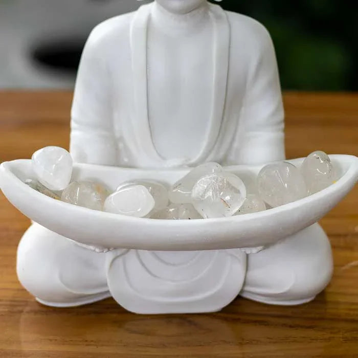 Peça espiritual de Buda em marmorite com iluminação suave