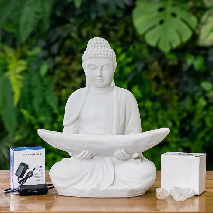 Peça decorativa com Buda sereno e pedras luminosas