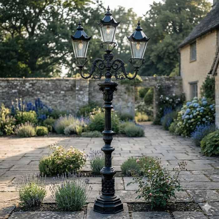 Poste colonial artesanal para jardim em ferro preto com três lanternas clássicas ornamentadas.