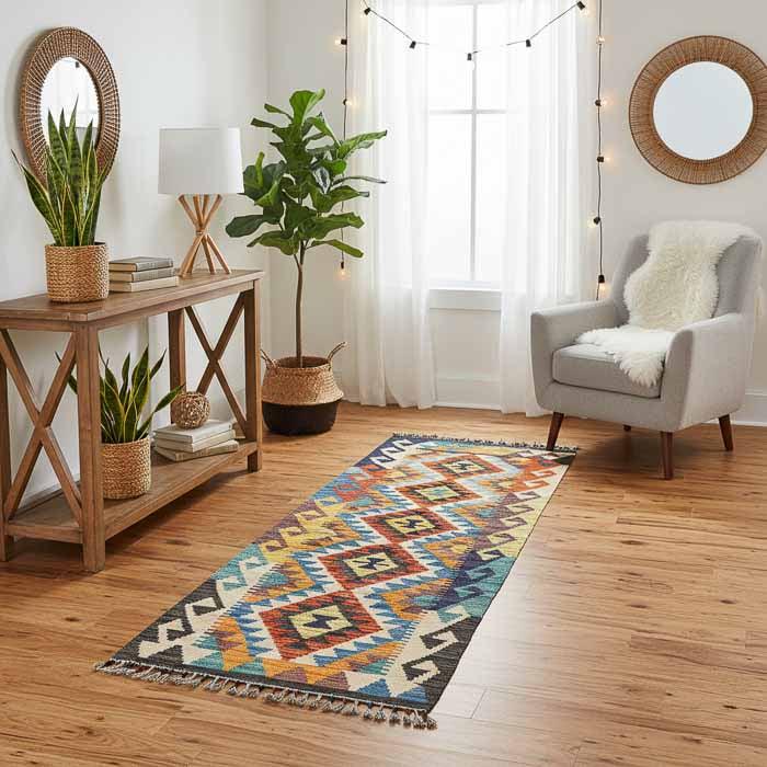 Peça Kilim afegã oriental de 2 metros em ambiente decorado com poltrona cinza e cestaria natural, estilo Boho Chic exclusivo.
