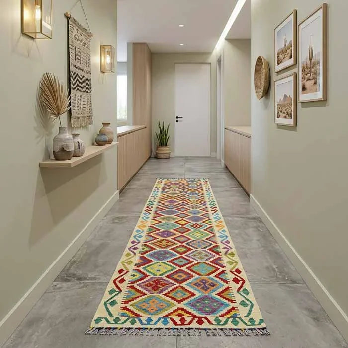 Passadeira de corredor estilo étnico com desenhos geométricos vibrantes e franjas discretas.