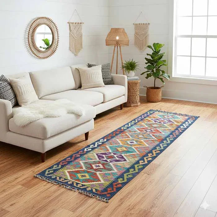 Tapete Kilim afegão oriental de 3 metros em corredor iluminado com banco de couro e plantas, estilo Boho Chic exclusivo.