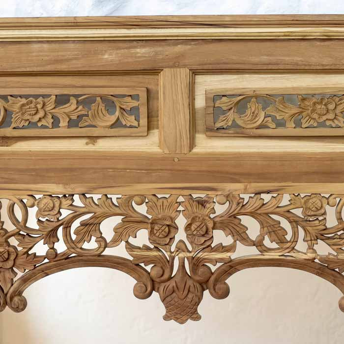 Espelho de parede imponente estilo portal balinês em madeira Teca de 180cm de comprimento para sala de jantar.
