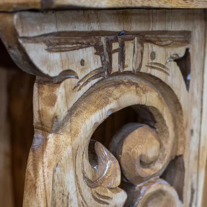 Estrutura decorativa da Indonésia em madeira nobre, com entalhes e acabamento patinado