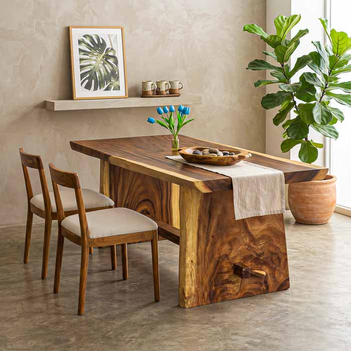 Mesa de jantar orgânica artesanal em madeira Suar maciça de Bali com bordas naturais e cadeiras de madeira ao lado.