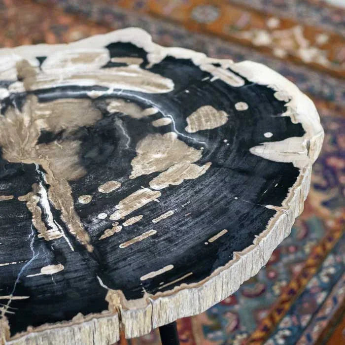 Mesa rústica petrificada com tampo irregular e pés de ferro criada em Bali para ambientes com estética natural e autêntica.