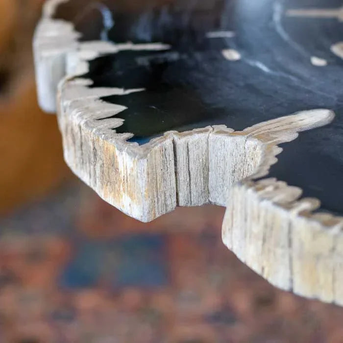 Mesa artesanal de madeira petrificada com base acetinada preta perfeita para quem busca força natural e elegância.