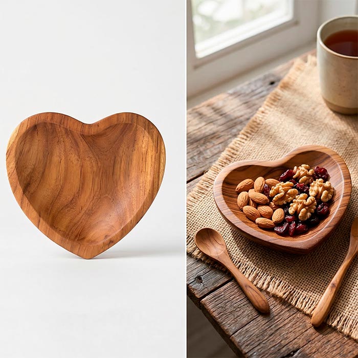 Prato decorativo de coração em madeira de Bali posicionado centralizado em fundo branco minimalista.