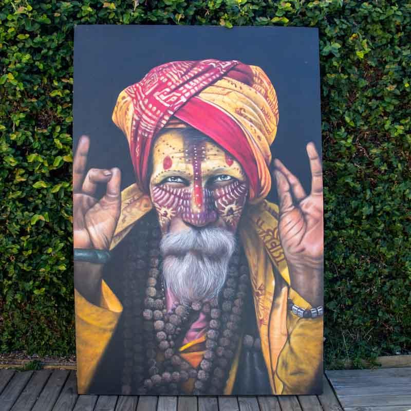 Quadro Sadhu indiano em cores vibrantes pintado à mão em Bali.