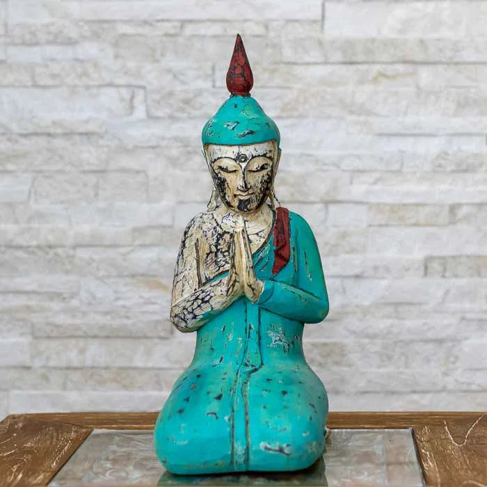 Escultura Buda Tailandês artesanal, ajoelhado em posição de Anjali Mudra.