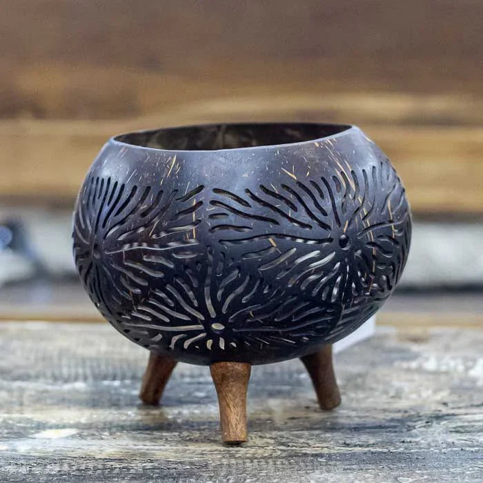 Casca de coco transformada em arte com luz, entalhes e história