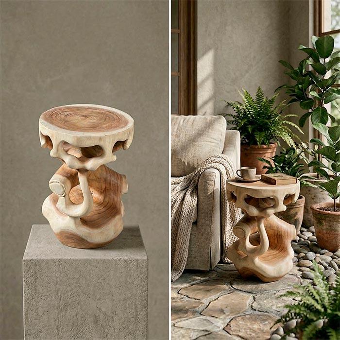 Mesa totem em madeira teca, peça exclusiva para projetos de arquitetura e design orgânico.
