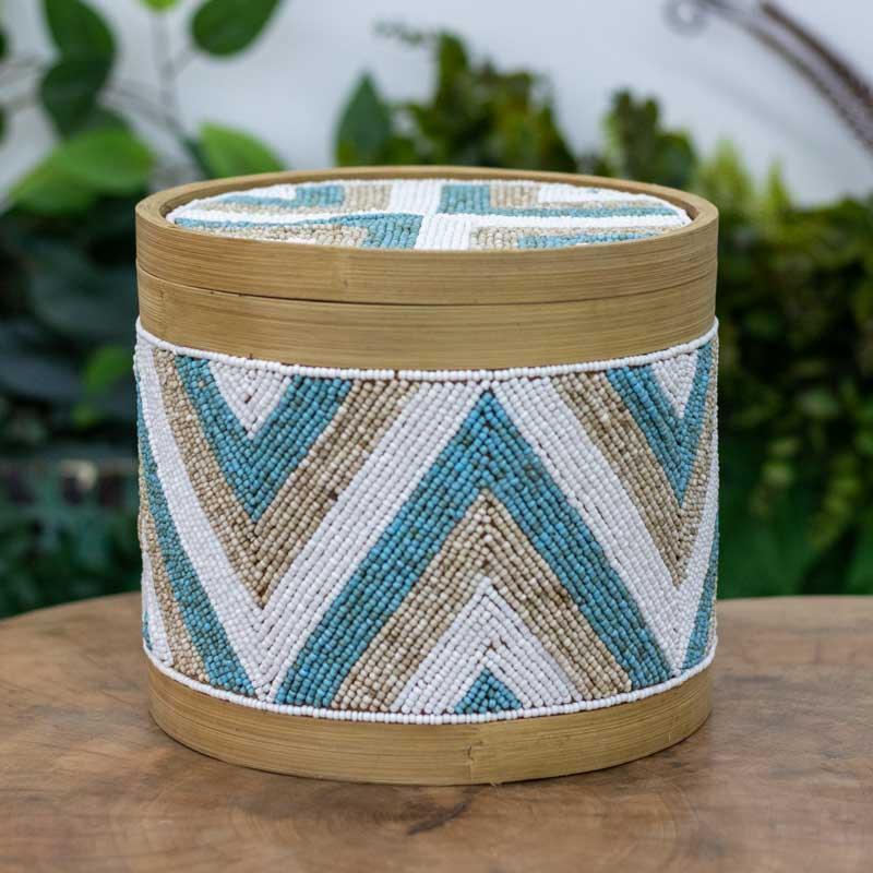 pote caixa redondo redonda bambu minçanga azul branco bali balines indonesia artesão artesãos artistas art decor decoração home house zen white blue