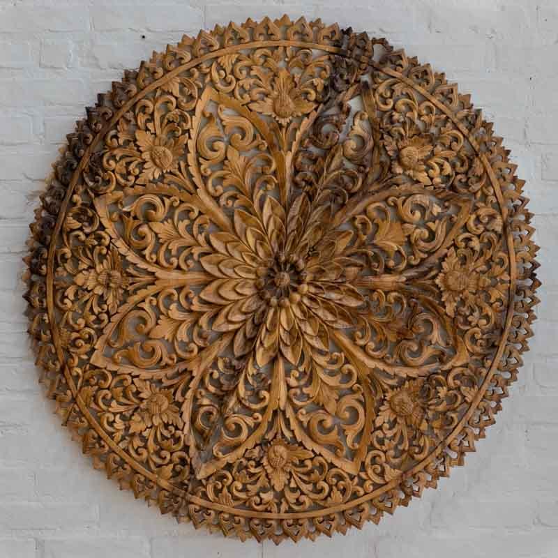 mandala entalhada floral decor madeira suar parede bali indonesia artesintonia 1