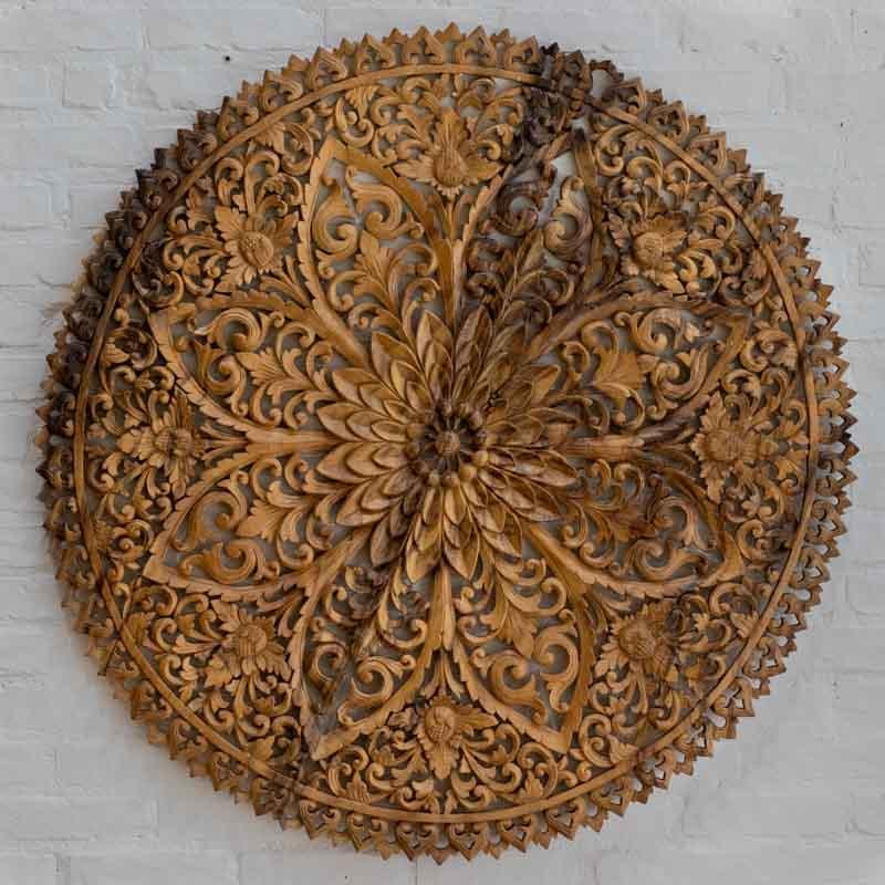 mandala entalhada floral decor madeira suar parede bali indonesia artesintonia 1