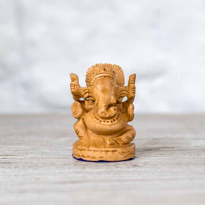 Detalhe da estátua indiana de Ganesha destacando a trompa, orelhas e a coroa trabalhada.