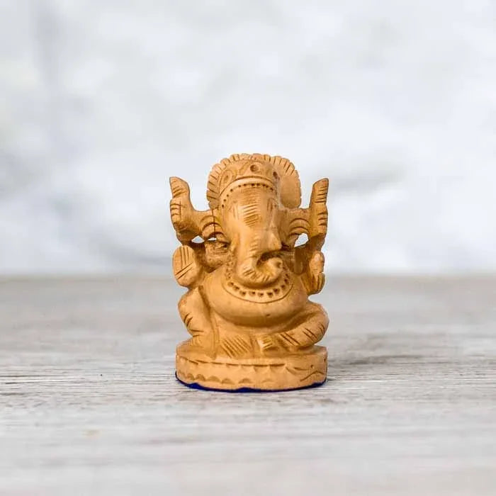 Detalhe da estátua indiana de Ganesha destacando a trompa, orelhas e a coroa trabalhada.