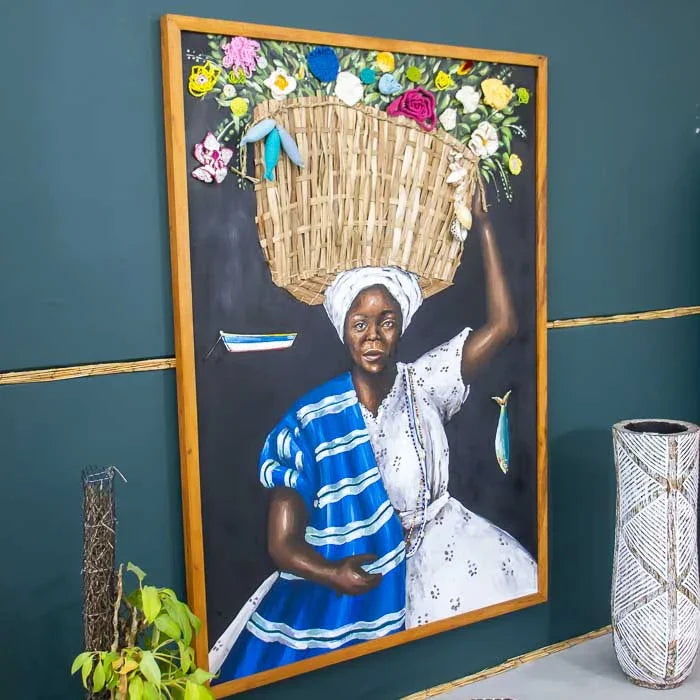 Quadro contemporâneo com retrato feminino afro e elementos florais vibrantes.