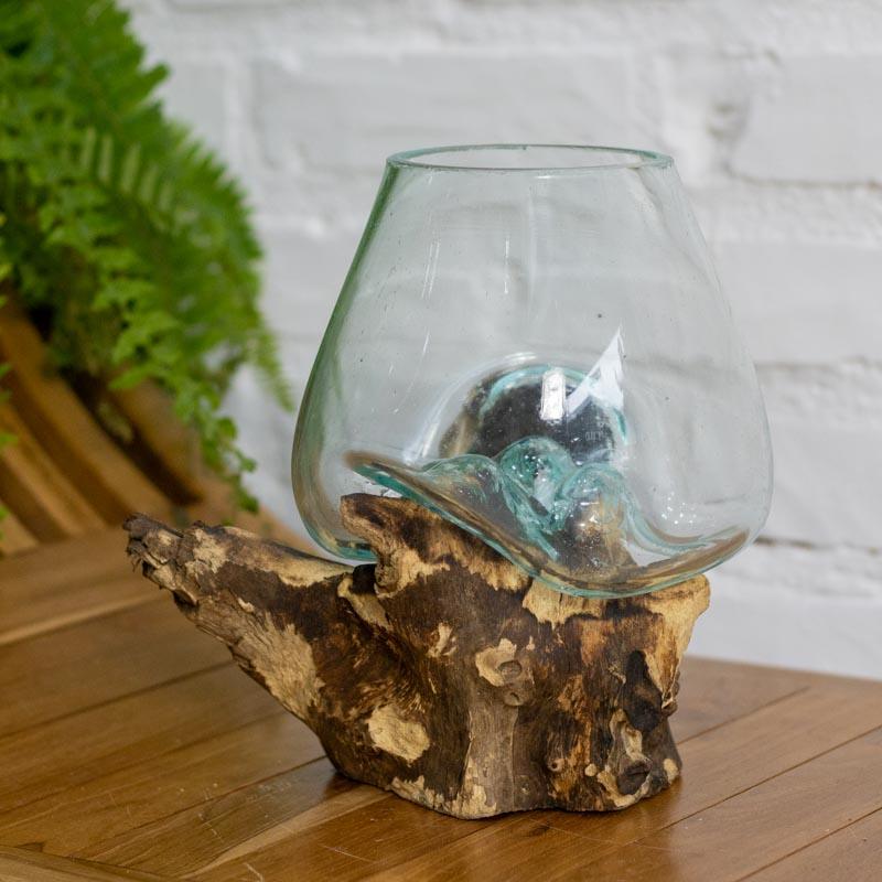 vaso terrário vidro madeira teca teka tronco arte decorativa decoração decor utilitária utilitário bali balinesa balines indonesia wood glass home house lar casa ambiente plantas flores planta flor artesão artesanato