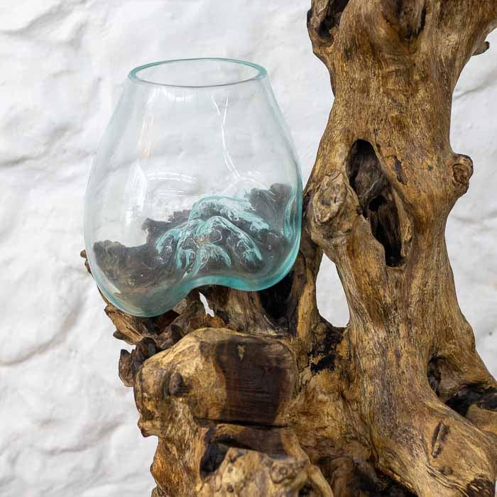 Aquário duplo de vidro soprado e vaso ornamental orgânico sobre tronco natural para projetos de arquitetura de interiores.