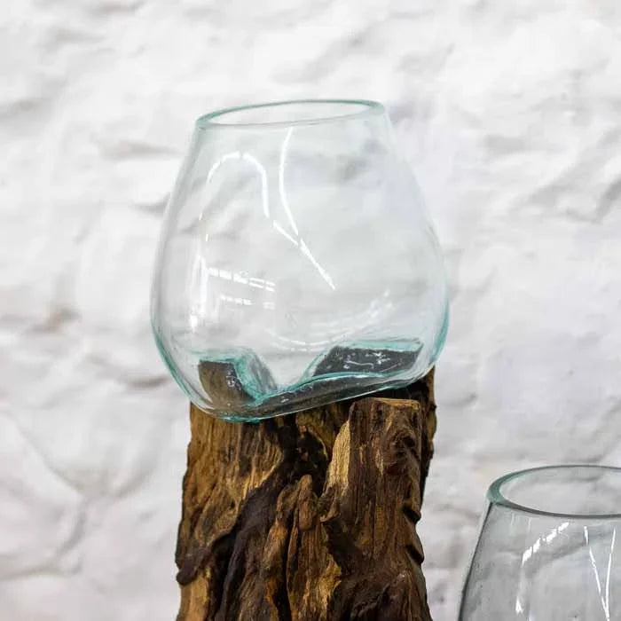 Aquário ornamental e terrário duplo em vidro soprado transparente sob base rústica de Teca natural.
