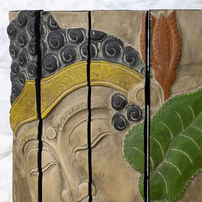 Painel espiritual Buda feito manualmente em madeira de Bali.