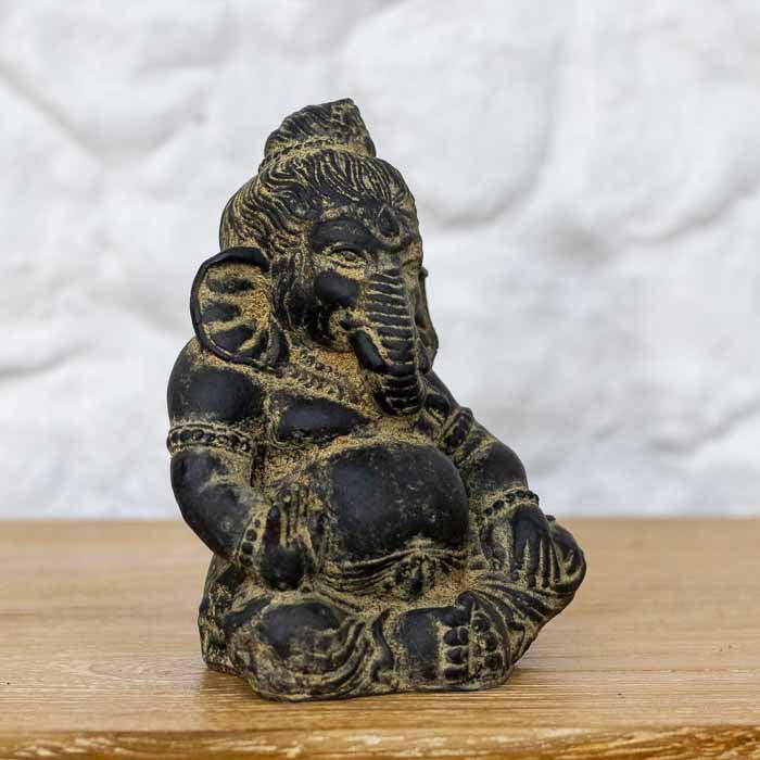 Escultura Ganesh hindu artesanal com acabamento antik Bali.