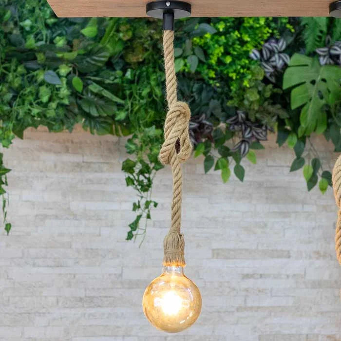 Iluminação decorativa feita com corda trançada em estilo rústico