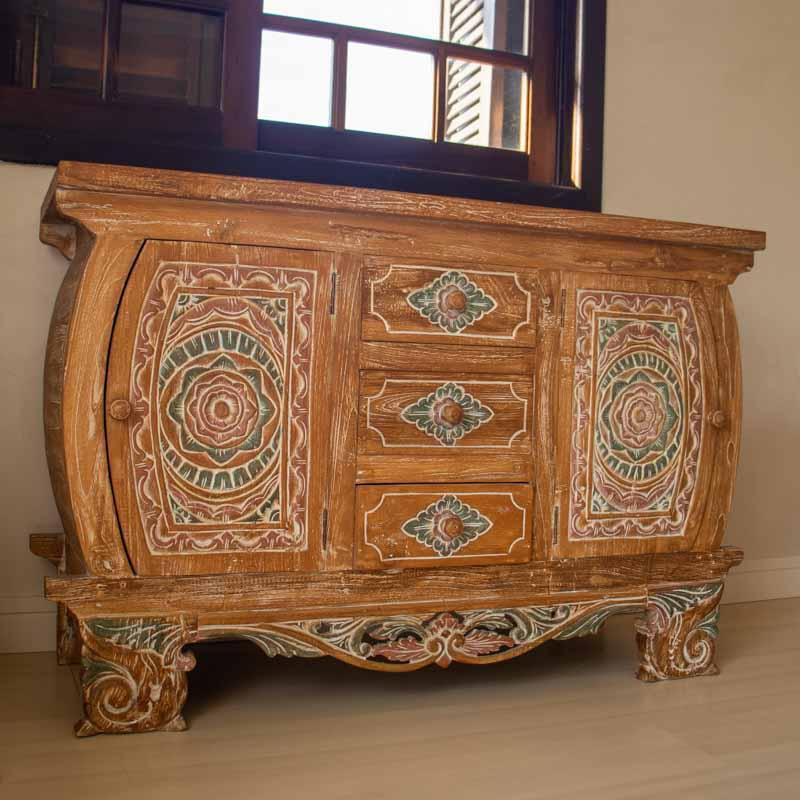 móvel madeira aparador buffet renovado pintado flores mandalas artesanal arte decorativa balinesa indonésia aparador decoração em madeira loja artesintonia comprar