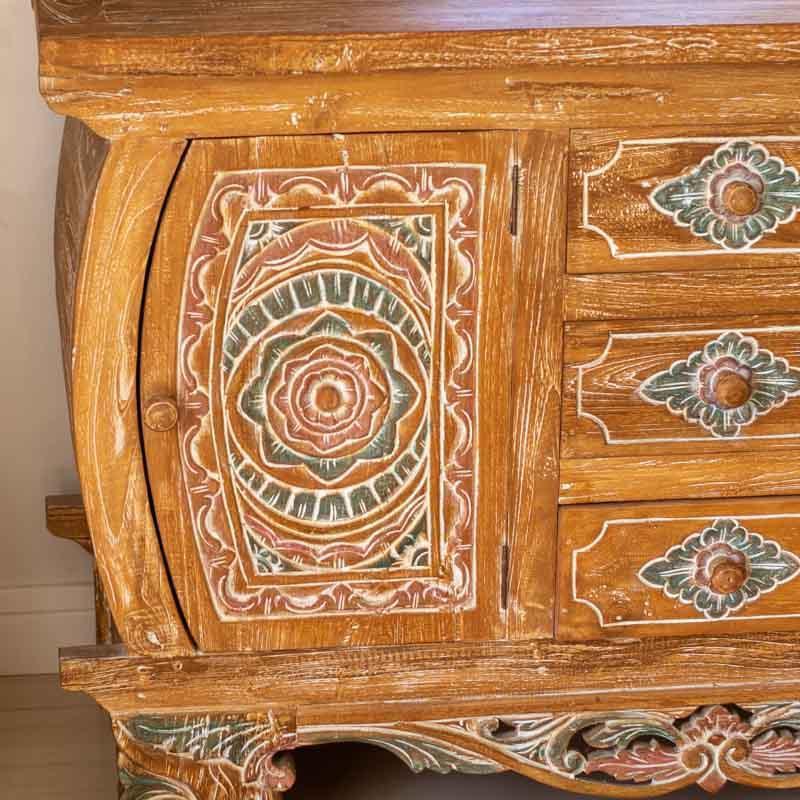 móvel madeira aparador buffet renovado pintado flores mandalas artesanal arte decorativa balinesa indonésia aparador decoração em madeira loja artesintonia comprar