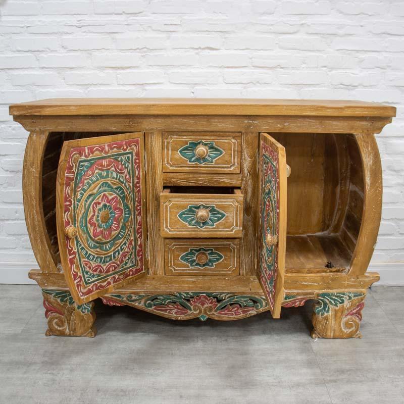móvel madeira aparador buffet entalhe pintado flores mandalas handmade arte decorativa balinesa indonésia sideboard wood decoration loja artesintonia comprar