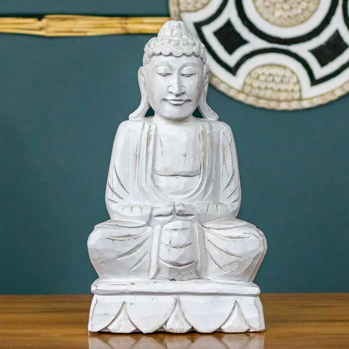 Escultura de Buda entalhada à mão em madeira com 40cm de altura