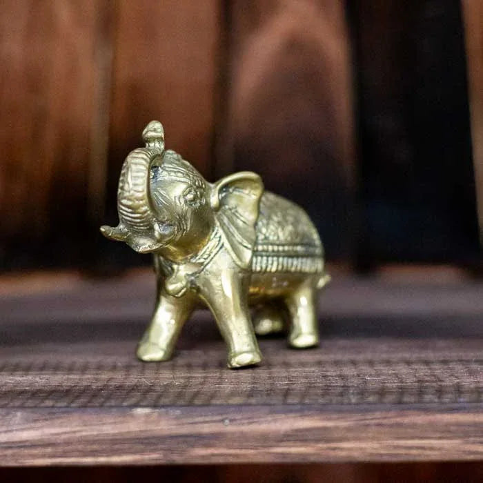Elefante dourado em bronze polido simbolizando sabedoria e proteção.