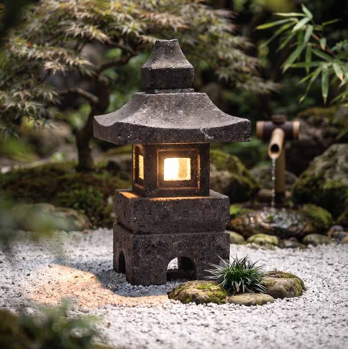 Luminária de jardim oriental estilo lanterna tōrō esculpida em pedra vulcânica cinza-escura sobre base de madeira.