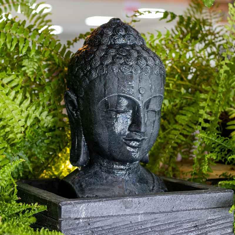 Objeto de decoração Feng Shui: fonte de água preta cabeça de Buda importada da Indonésia.