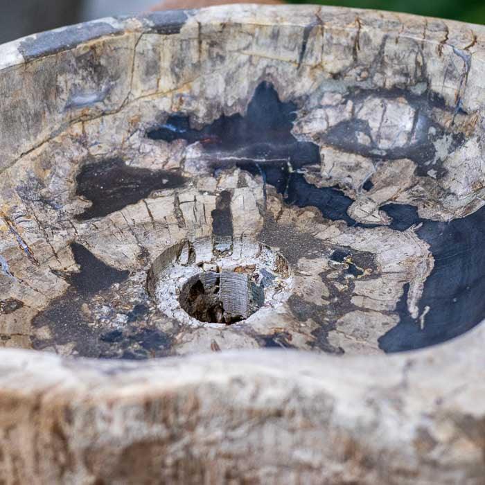 Cuba em madeira petrificada com design polido e formato fluido, feita à mão.