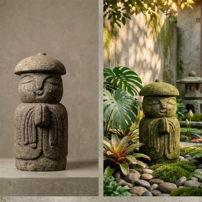 Decoração zen para área externa com escultura em pedra natural resistente a intempéries.