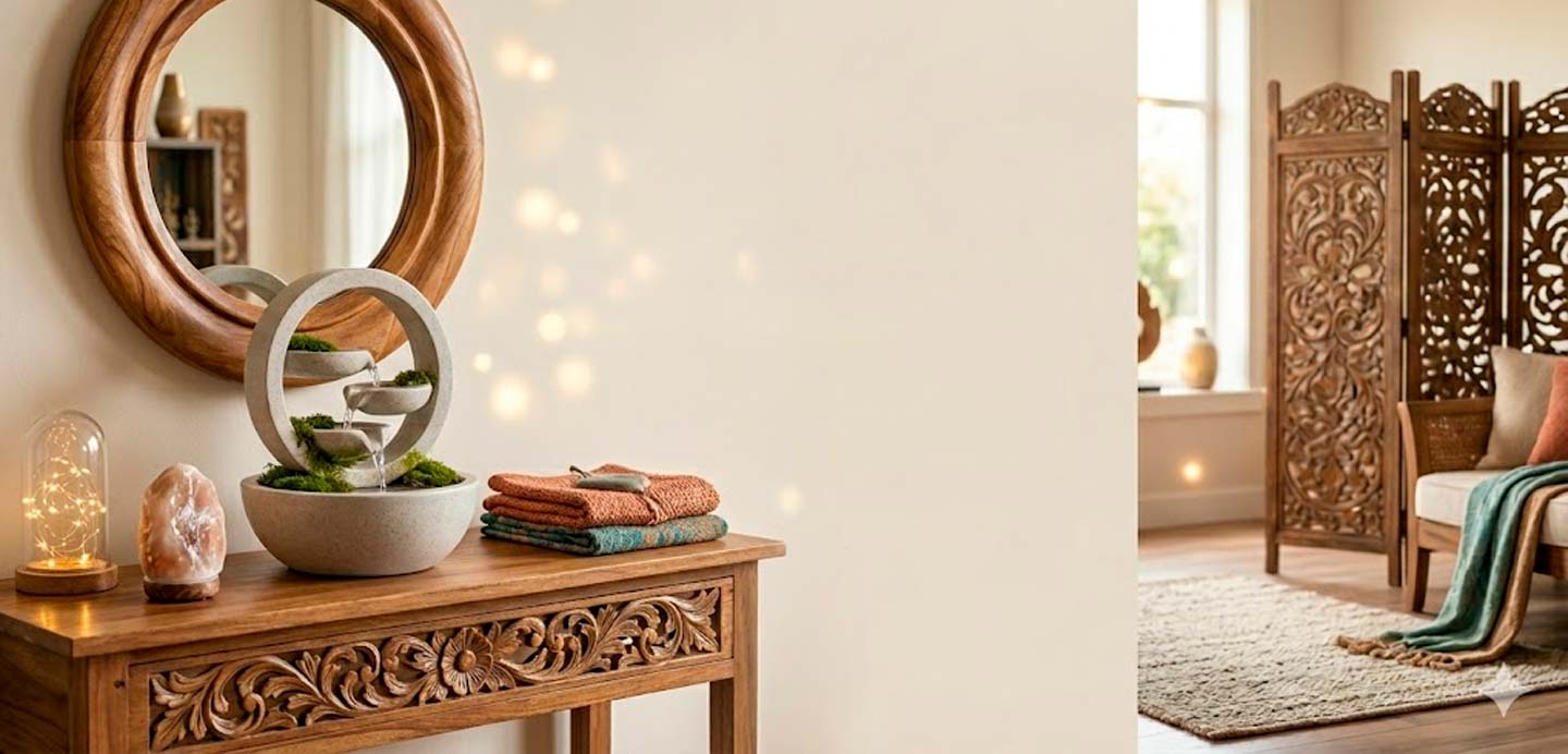 Decoração boho artesanal com madeira entalhada, fonte em marmorite, espelhos emoldurados de Bali.