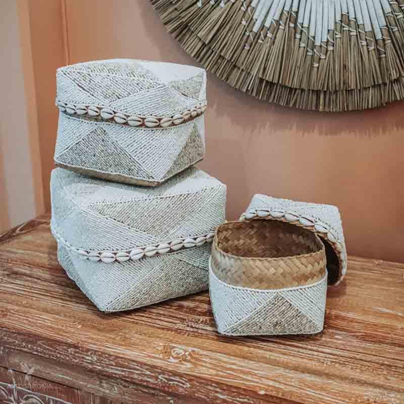 caixa pote étnico étnica miçanga búzios concha branco off white bambu fibra natural handmade bali balinês balinesa indonésia artesão artesanato arte art home decor decoration decoração