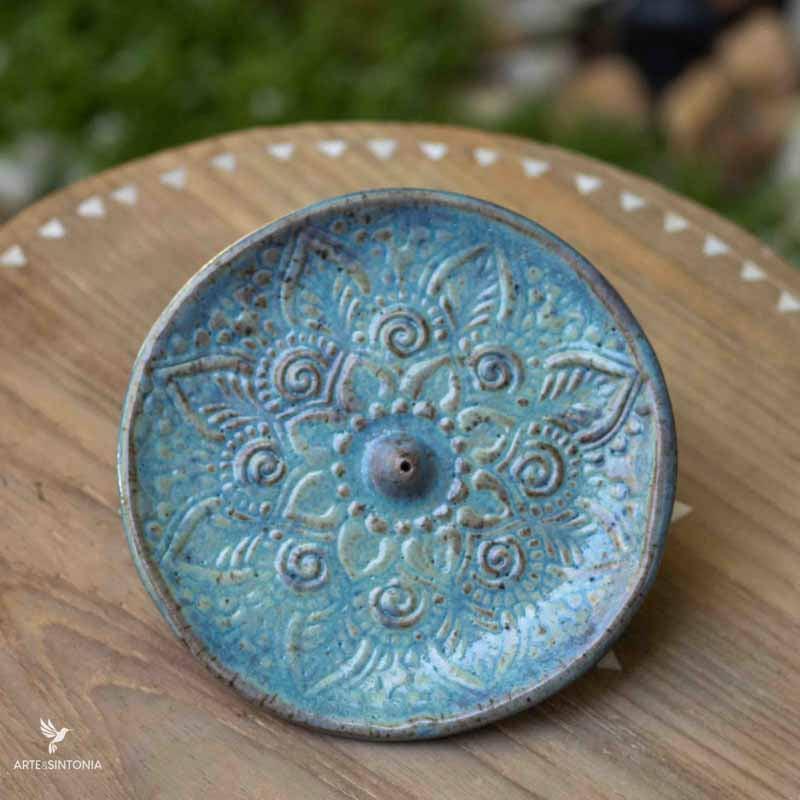 incensario artesanal atelie da vila ceramica azul escuro mandala flor artesanatos aromaterapia artesintonia 5