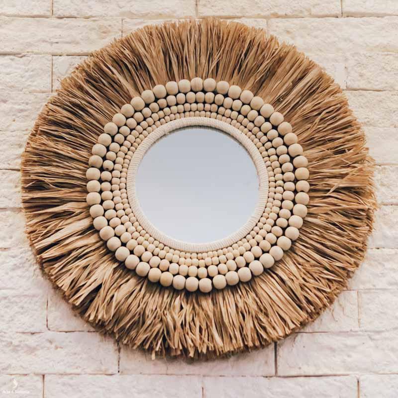espelho redondo decorativo artesanal moldura palha natural boho bali artesanatos fibra bolinhas esferas mirror artesintonia 1