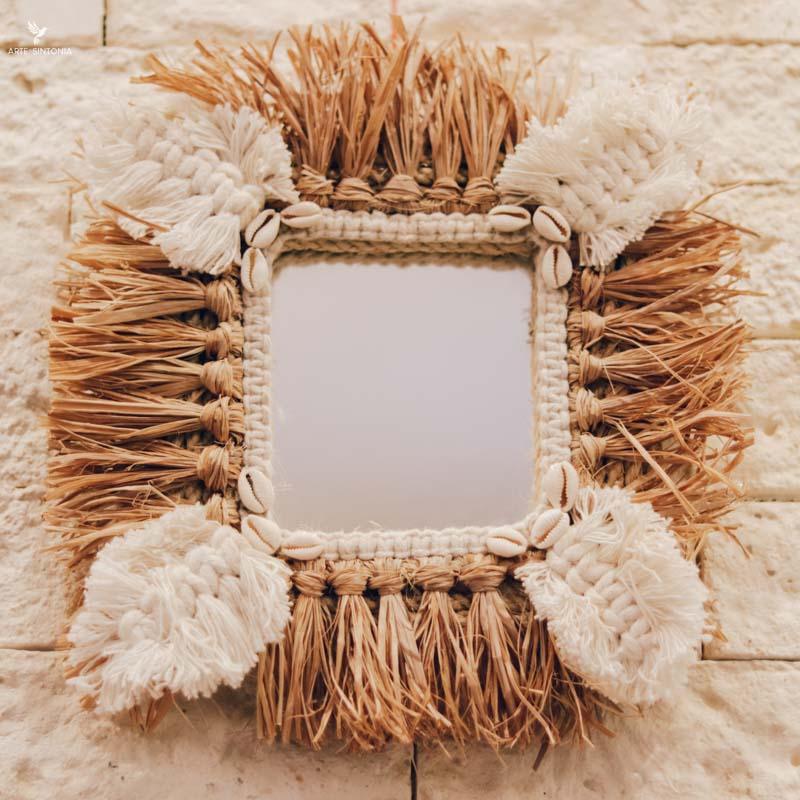 espelho quadrado macrame conchas decorativo artesanal moldura palha natural boho design home decor artesanatos fibra mirror artesintonia 1