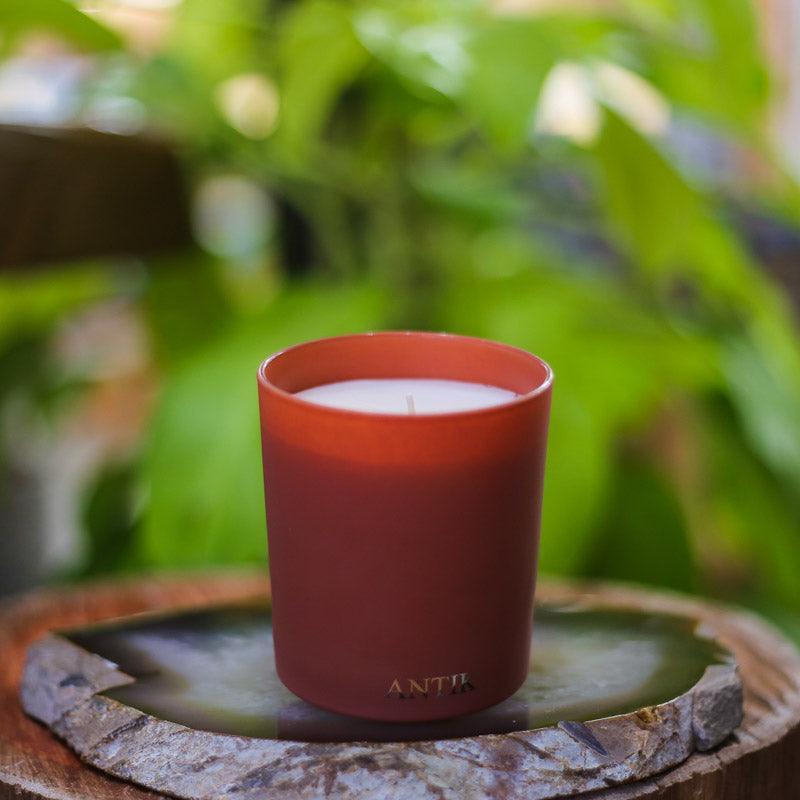 Vela aromática Antik em copo de vidro fosco terracota com a palavra "Antik" gravada em dourado na base.