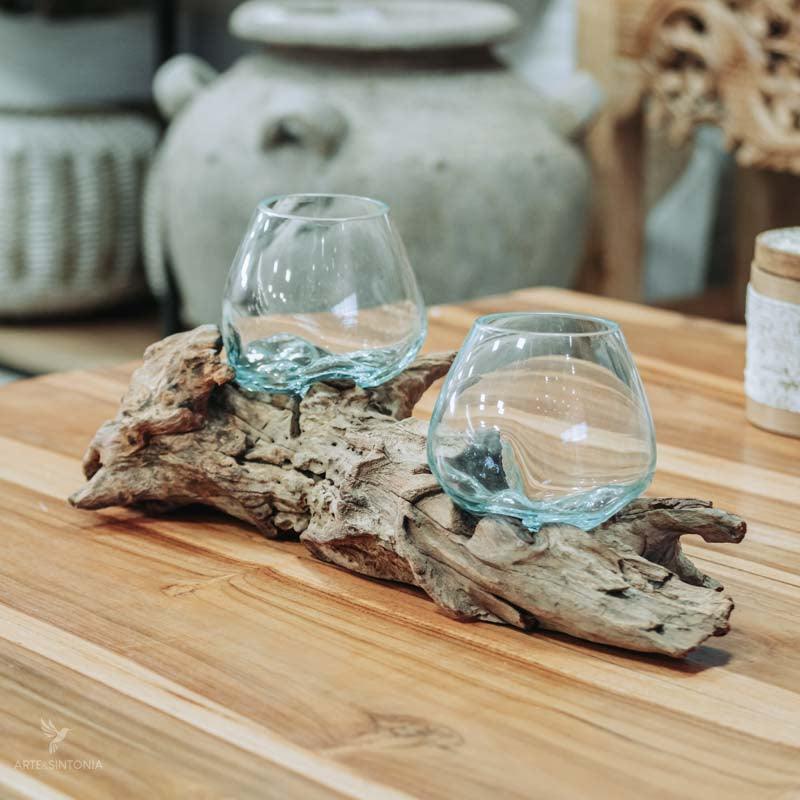 vaso terrário tronco madeira teka teca wood glass indonesia bali balines balinesa arte decorativa utilitária artesão artista artesanato