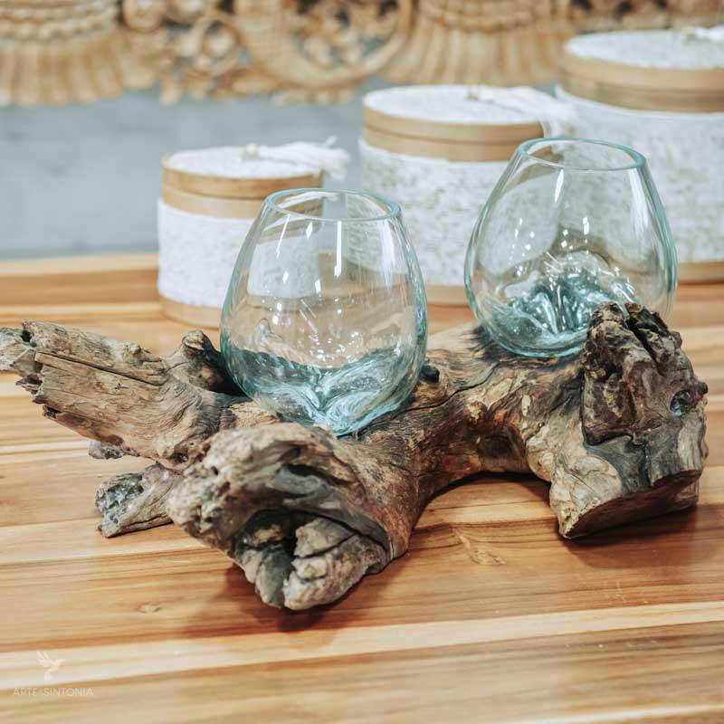 vaso terrário tronco madeira teca teka wood glass zen decor decoração decoration home casa lar bali balinês balinesa arte artesão artesanato indonésia