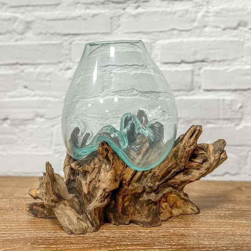 Terrário de Vidro no Tronco Teca | 20cm - Arte & Sintonia 2023, Bali - MT, bali23, Indonésia / Bali, Madeira, Madeira Teca, teka, terrário, Vasos