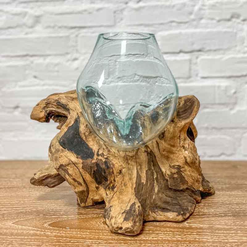 Terrário de Vidro no Tronco Teca | 20cm - Arte & Sintonia 2023, Bali - MT, bali23, Indonésia / Bali, Madeira, Madeira Teca, teka, terrário, Vasos