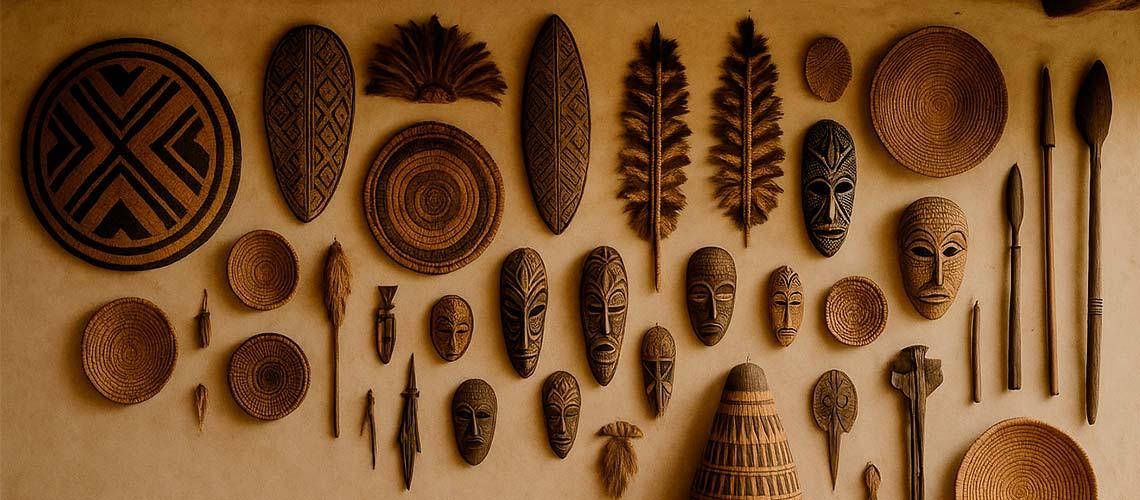 Parede repleta de itens indígenas para decoração.