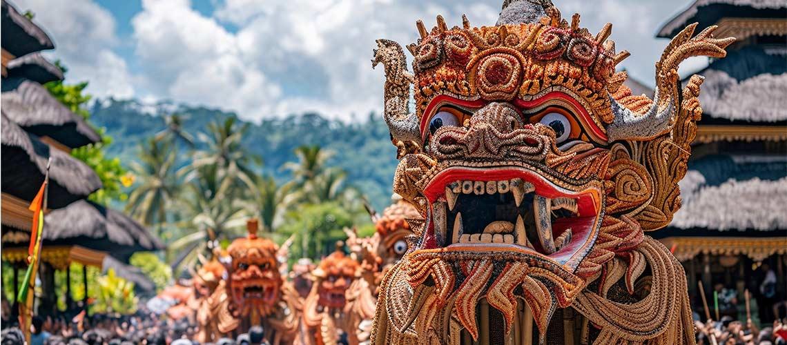 Homem fantasiado de barong em festival balinês