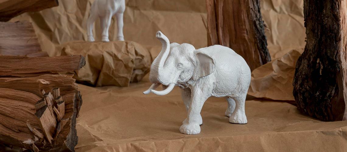 Elefante em miniatura cercado por troncos cortados.